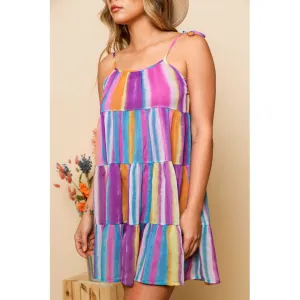 Just a Tier-ade Mini Dress in Aqua, Purple and Yellow