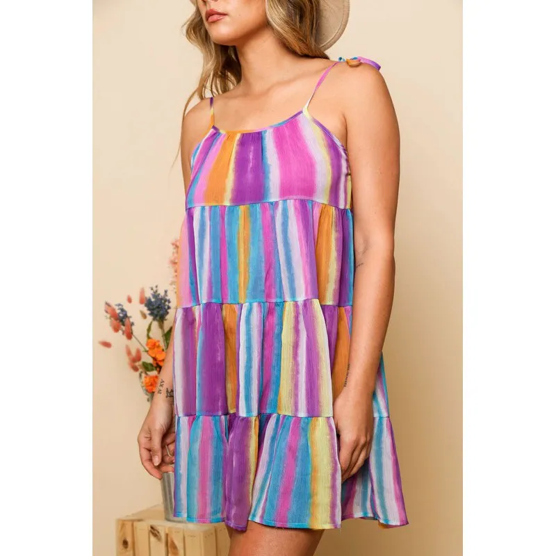 Just a Tier-ade Mini Dress in Aqua, Purple and Yellow