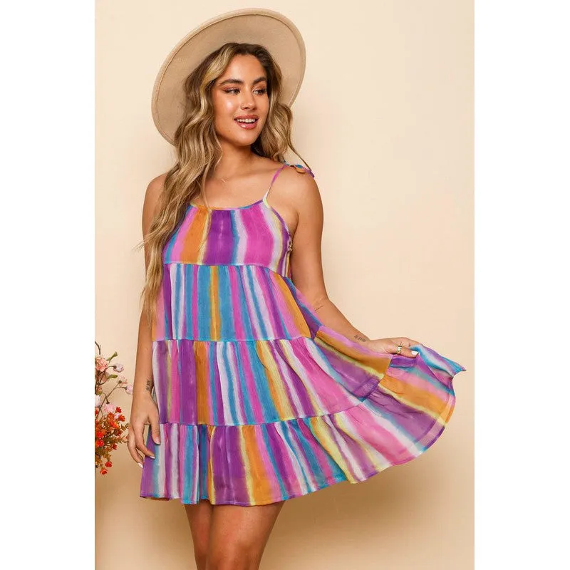 Just a Tier-ade Mini Dress in Aqua, Purple and Yellow
