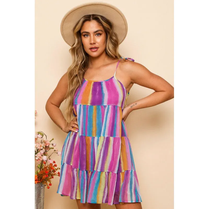 Just a Tier-ade Mini Dress in Aqua, Purple and Yellow