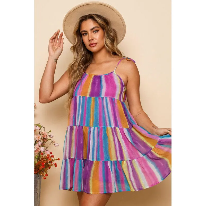 Just a Tier-ade Mini Dress in Aqua, Purple and Yellow