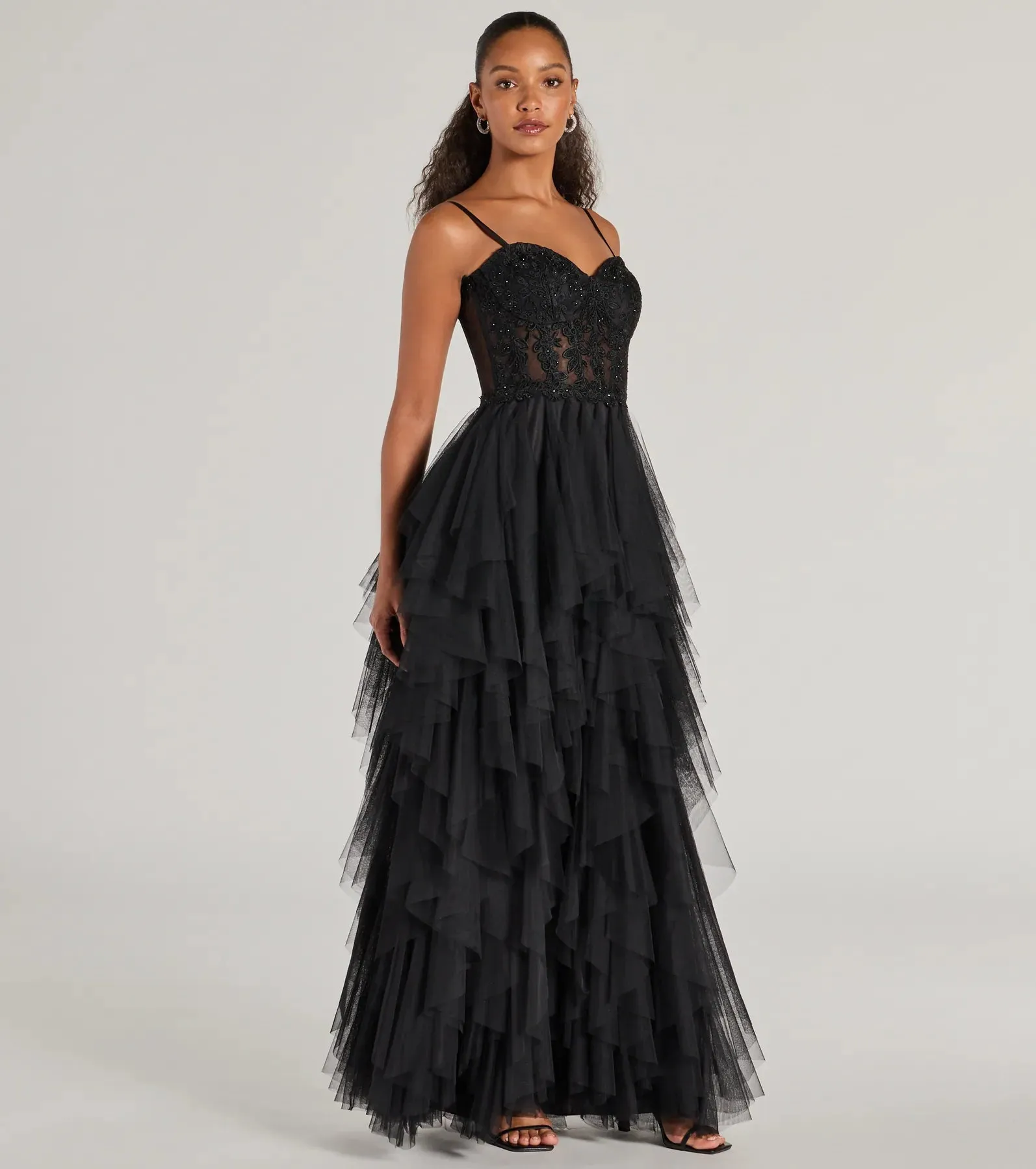 Keyla Floral Applique Tiered Ruffle Tulle Gown