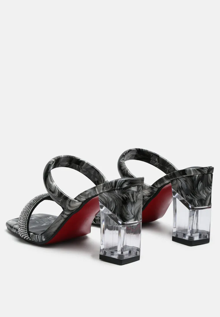 Krypton Marble Print Clear Block Heel Sandals By Ruw