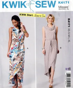 Kwik Sew 4171 Womens Stretch Cowl Neck Wrap Tulip Hem Dresses Out Of Print Sewing Pattern Size XS - XL UNCUT Factory Folded