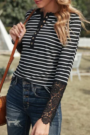 Lace Striped Splicing Hollow-out Button Long Sleeves Top