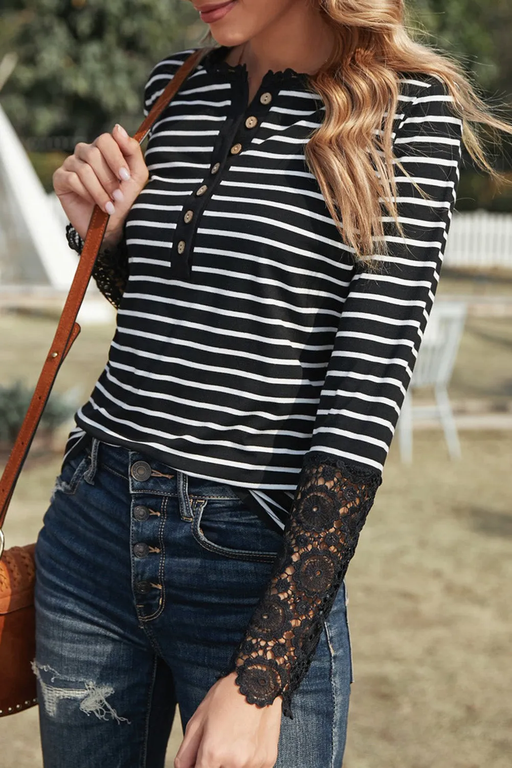Lace Striped Splicing Hollow-out Button Long Sleeves Top