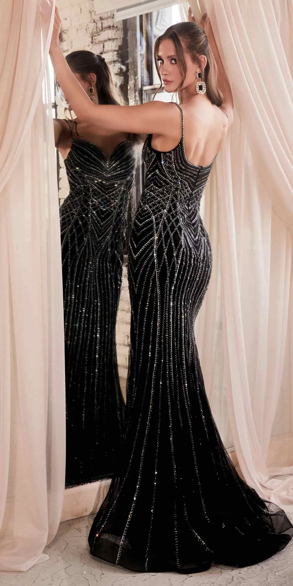 Ladivine CD846 Long Bead Embellished Fit and Flare Gown