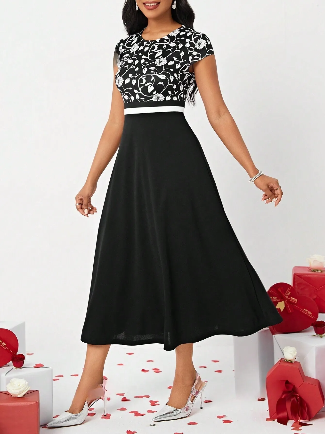 Lady Floral Print Jacket And Dress Set With Open Front