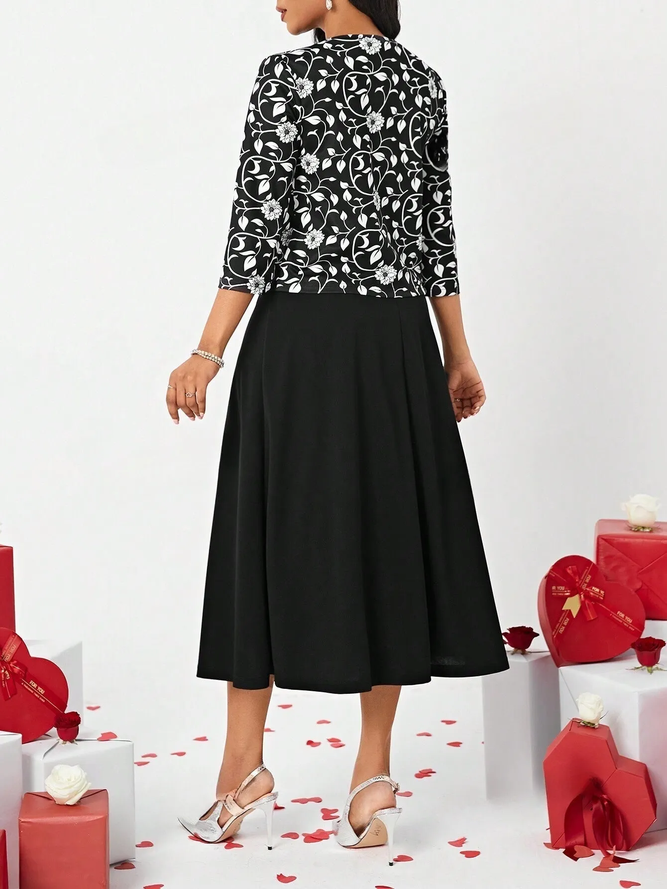 Lady Floral Print Jacket And Dress Set With Open Front