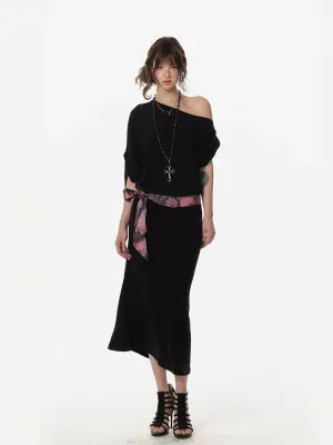 Lazy Chic One-Shoulder Black Maxi Dress with Scarf