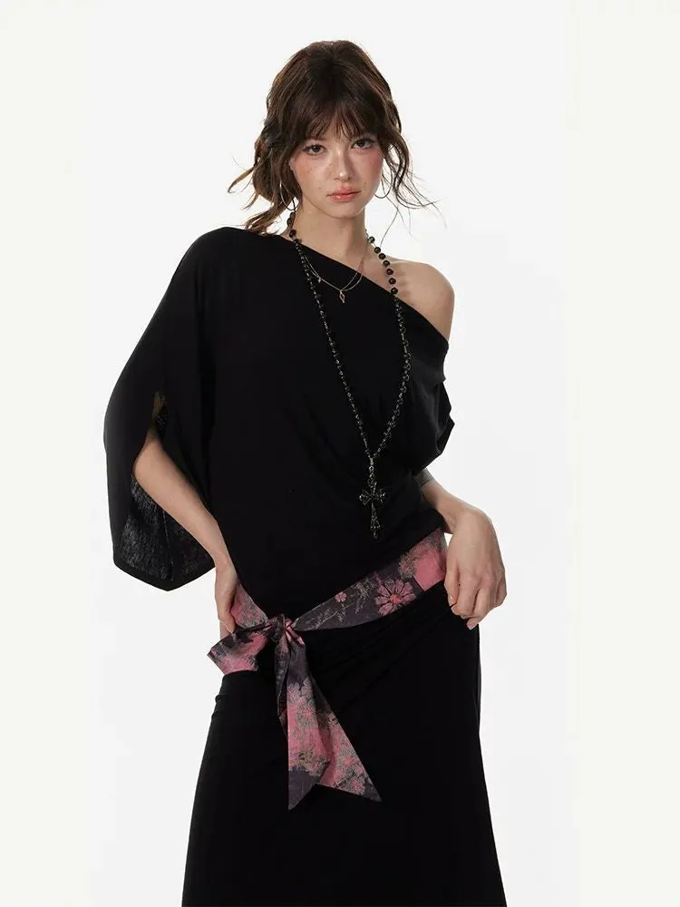 Lazy Chic One-Shoulder Black Maxi Dress with Scarf