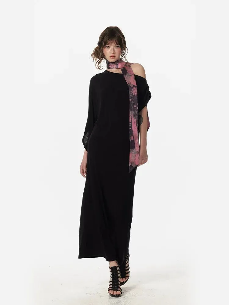 Lazy Chic One-Shoulder Black Maxi Dress with Scarf