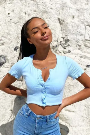 Light Blue Ribbed ButtonFrill Hem Crop Top - Pennie