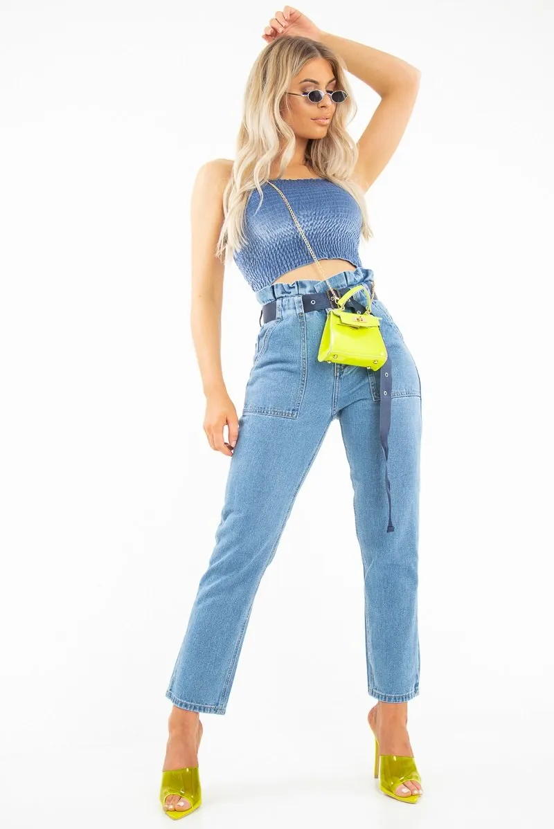 Light Wash Eyelet Belted Paper Bag Mom Jeans - Myli
