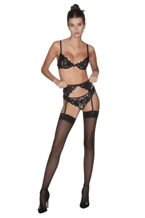 Lily Embroidery Garter Belt - Black