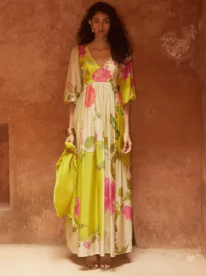 Lime yellow printed maxi dress and scarf