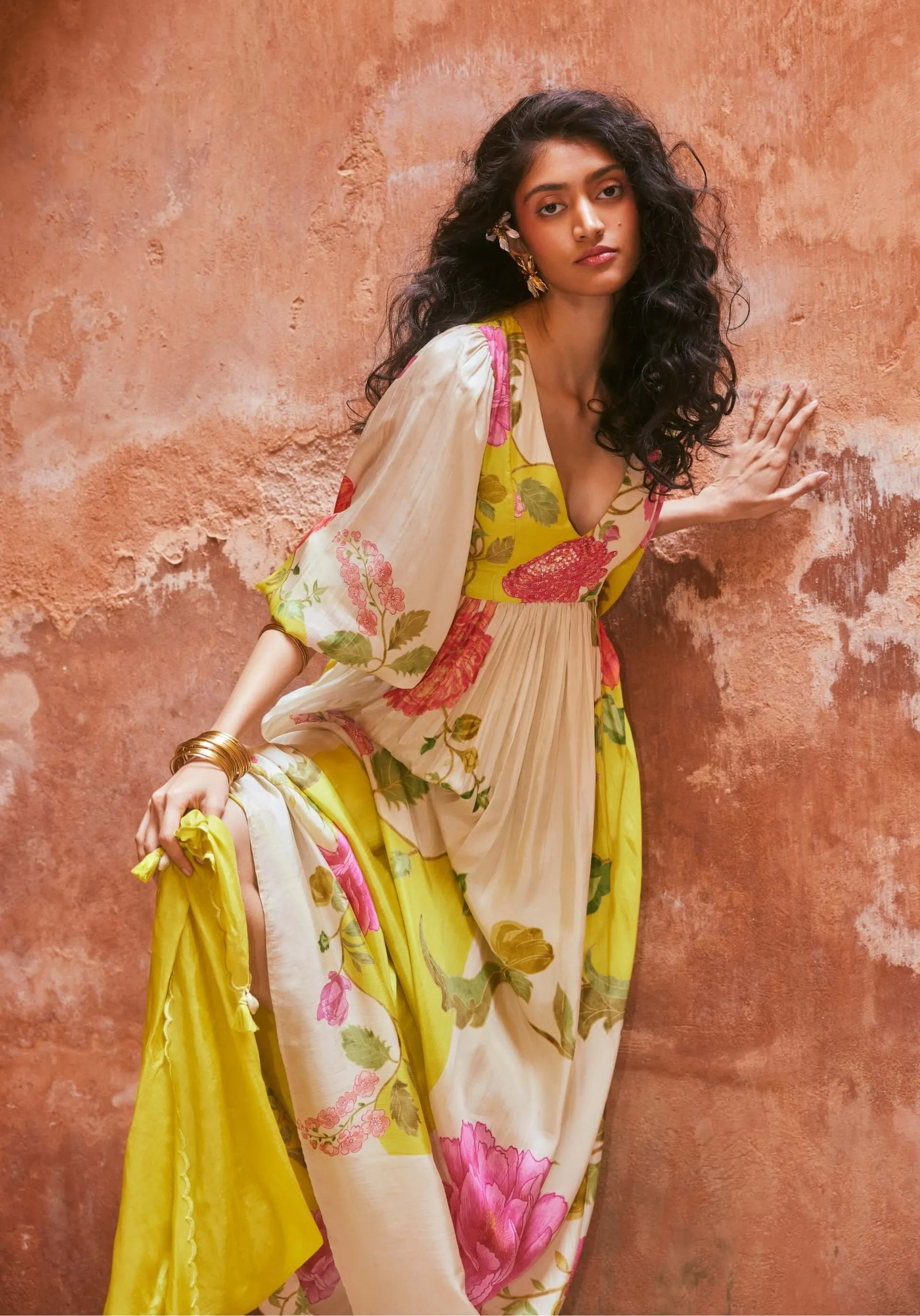 Lime yellow printed maxi dress and scarf