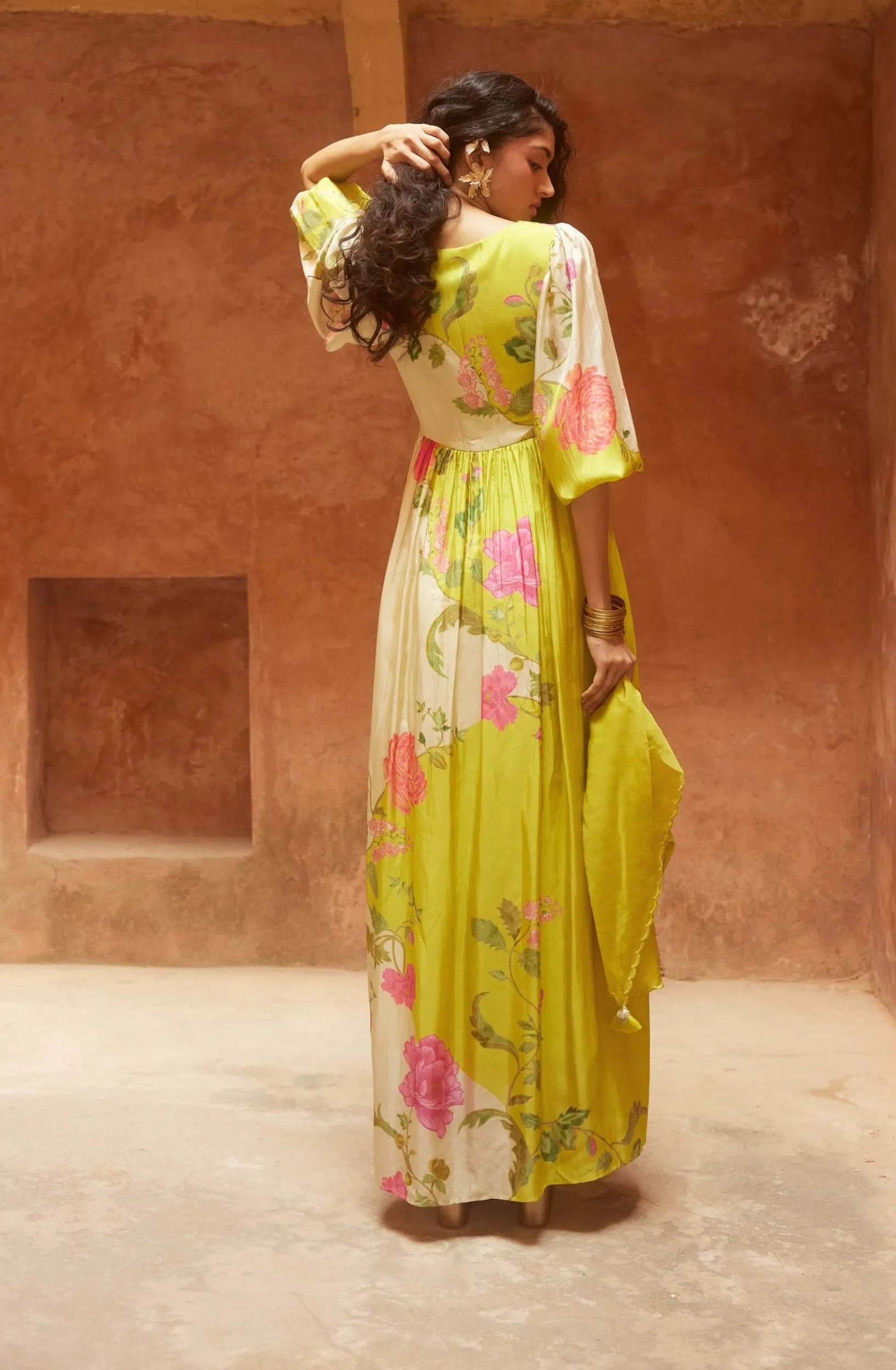 Lime yellow printed maxi dress and scarf