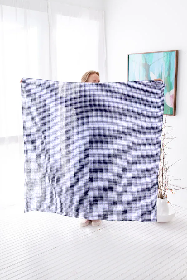 LINEN PICNIC BLANKET SCARF IN TWILIGHT BLUE GINGHAM