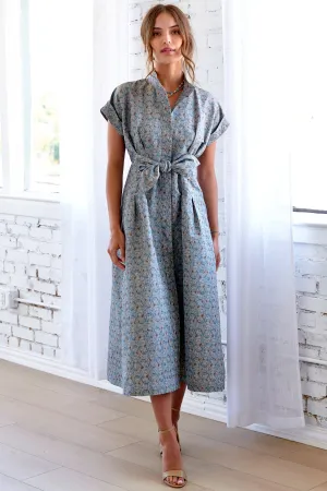Long Rocky Shirt Dress Teal Printed Taffeta