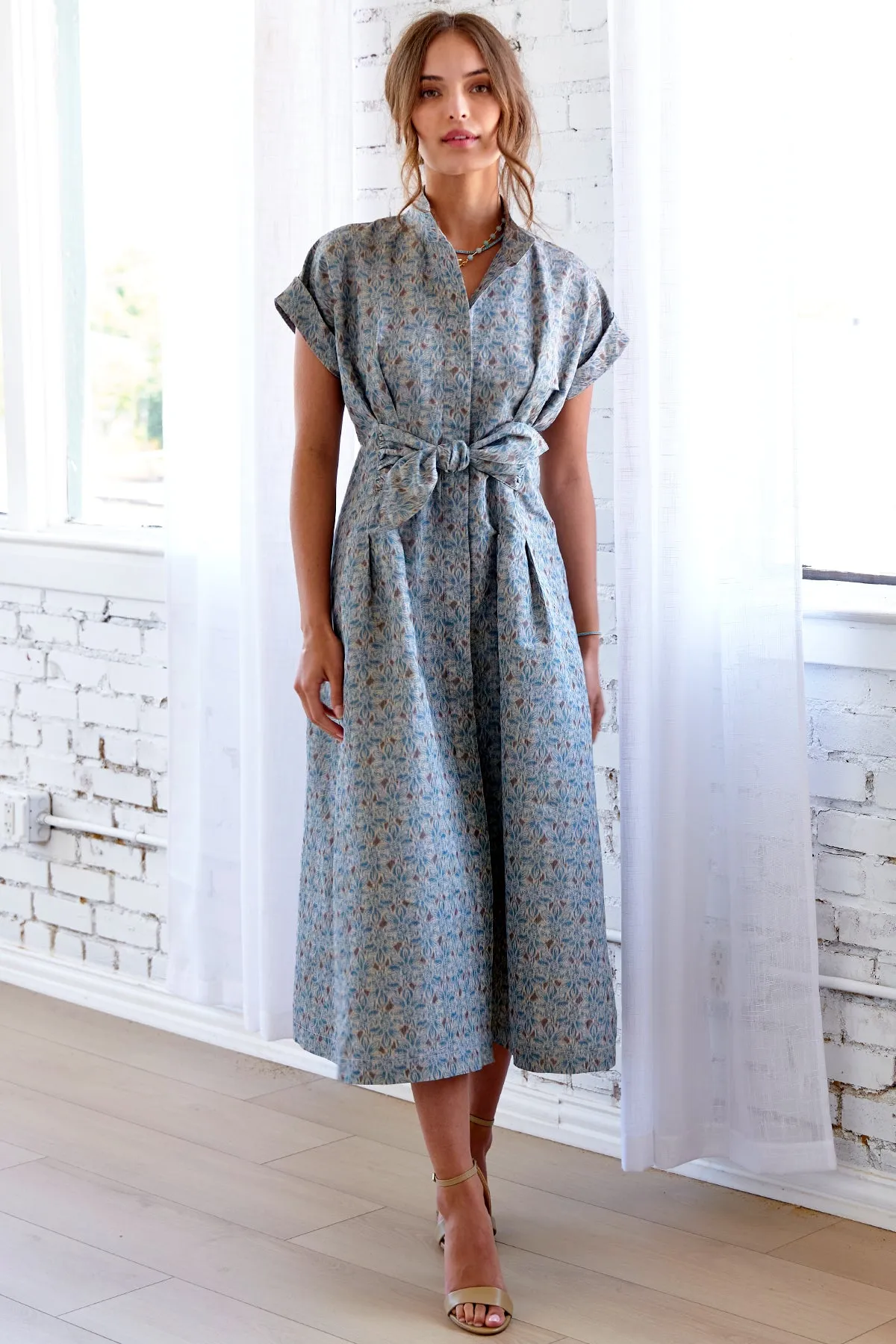 Long Rocky Shirt Dress Teal Printed Taffeta