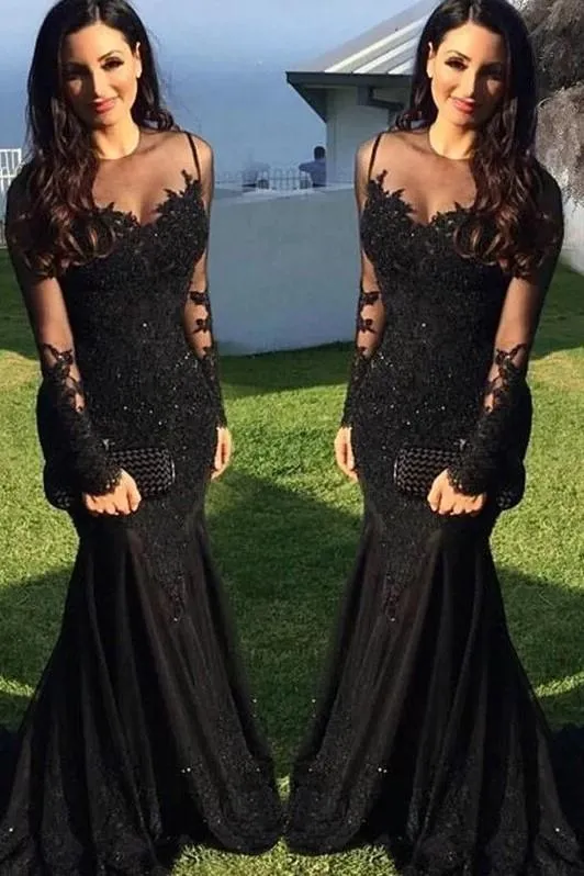 Long-sleeve Black Lace Evening Dresses with See-through Neckline