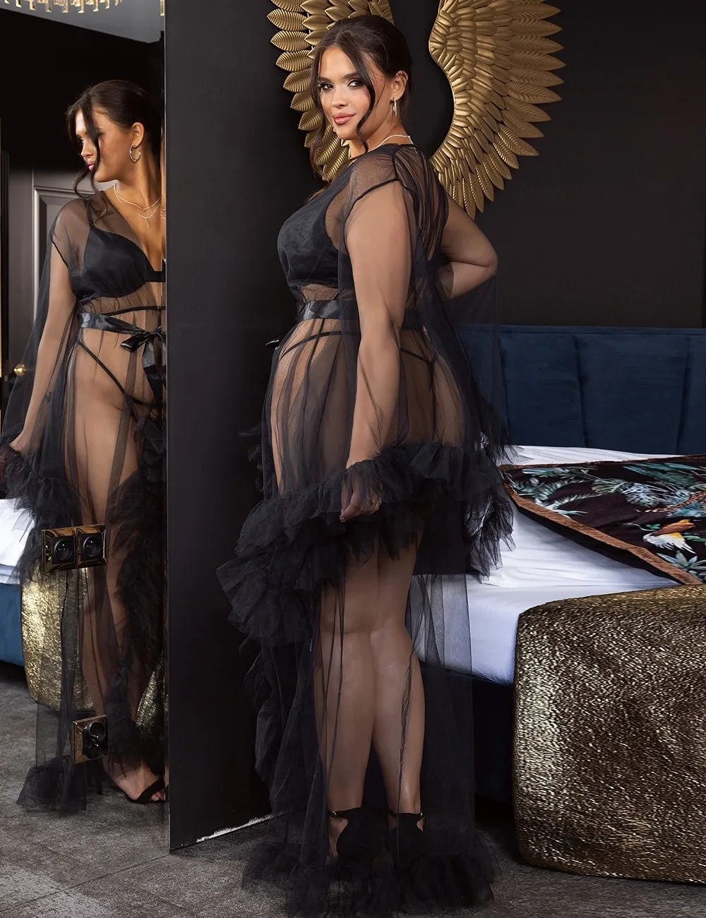 Long White & Black Sexy Ruffled Trumpet Sleeves Robe With Belt