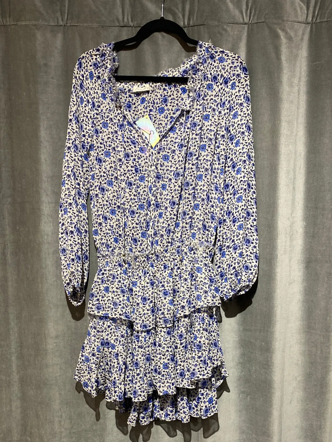 Love Shack Fancy Blue and ivory floral sheer "popover" dress