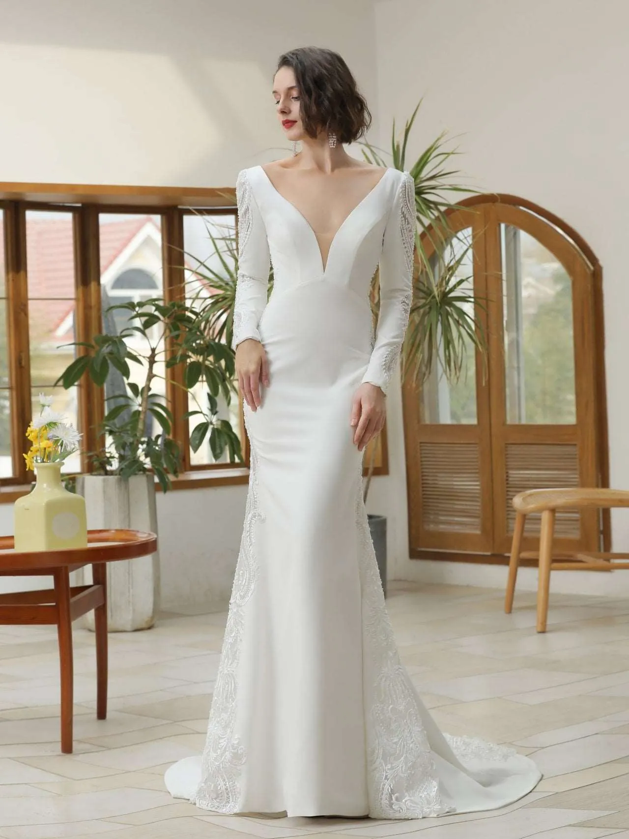 Low V-Neckline Crepe Fit & Flare Wedding Dress | Silvia