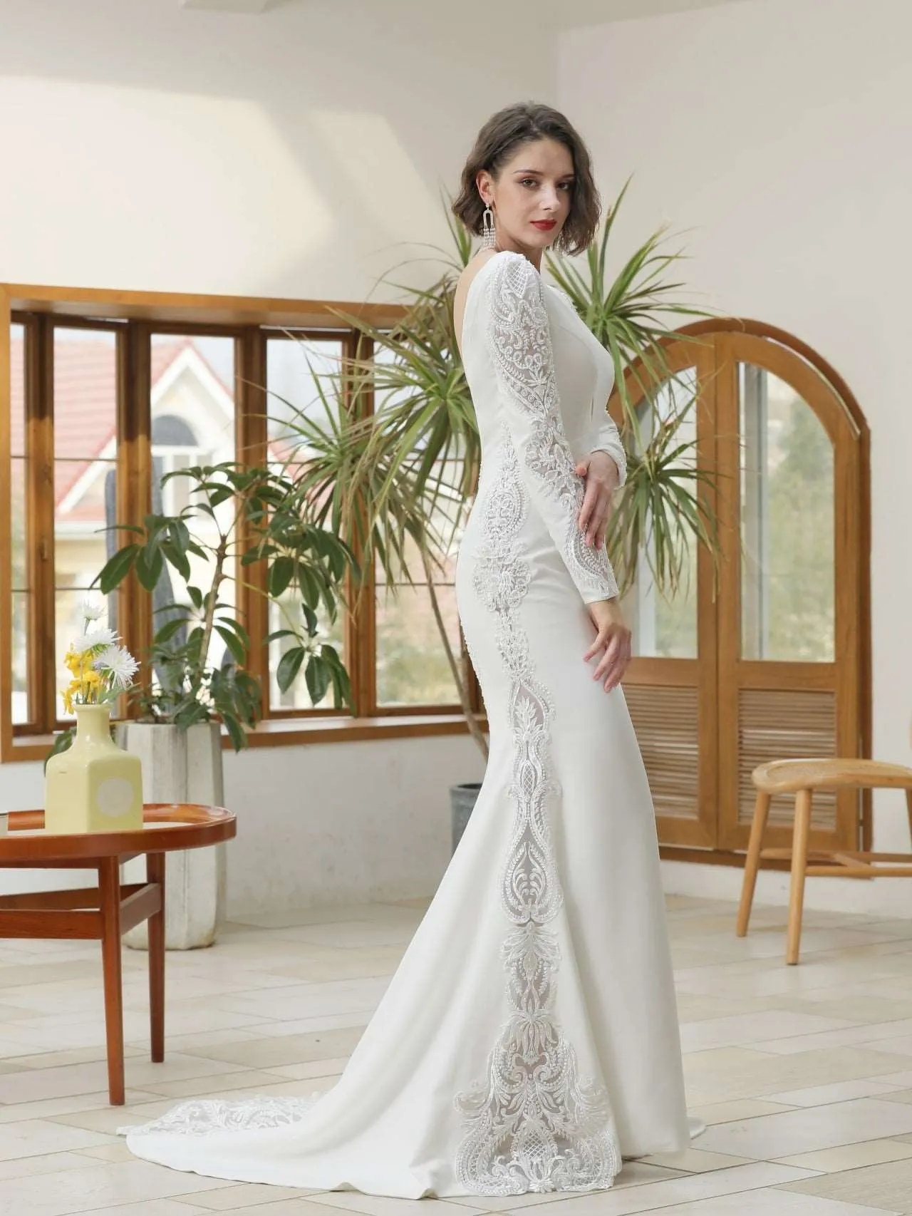 Low V-Neckline Crepe Fit & Flare Wedding Dress | Silvia