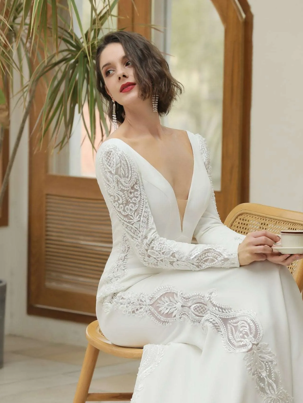 Low V-Neckline Crepe Fit & Flare Wedding Dress | Silvia