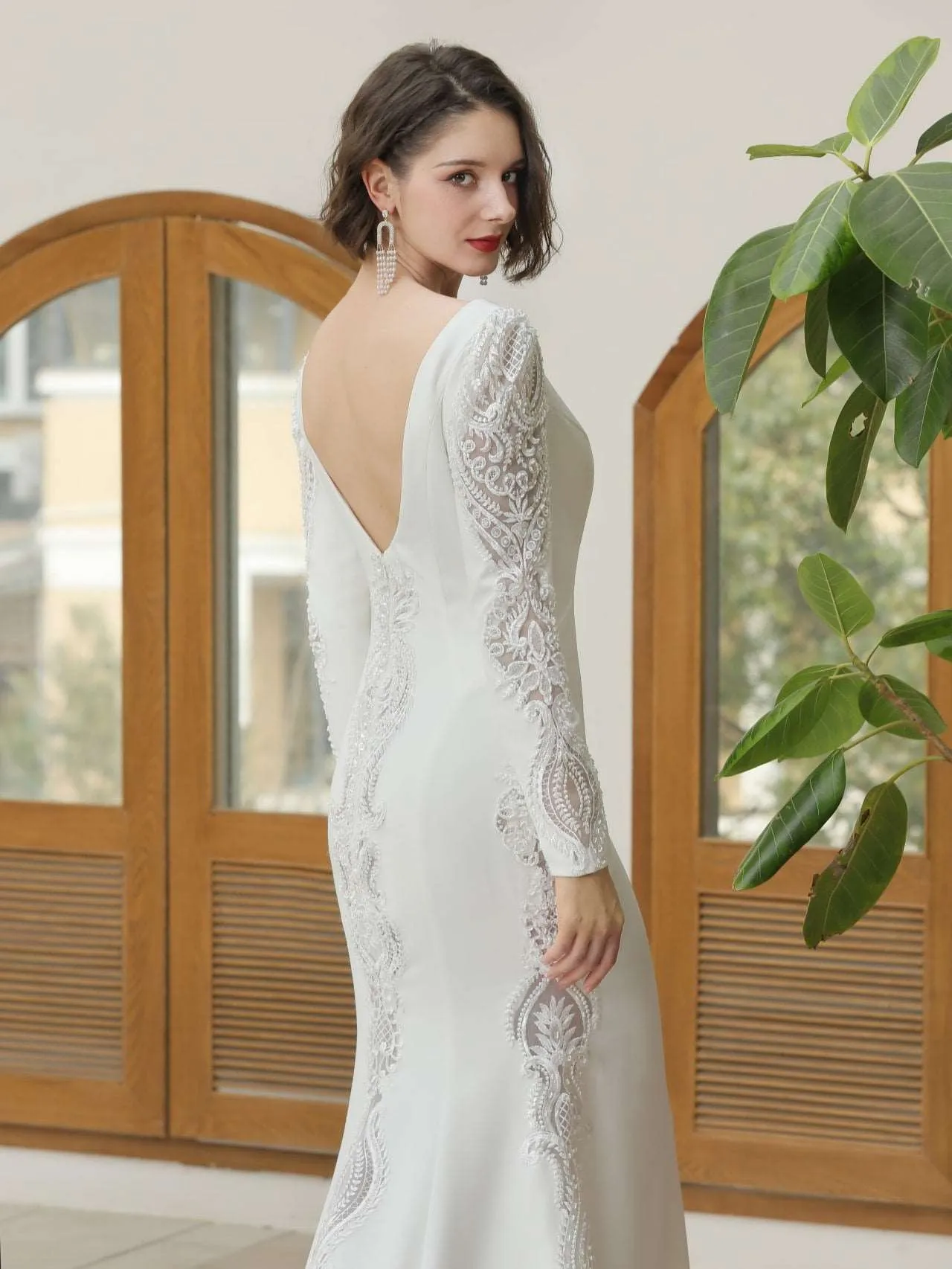 Low V-Neckline Crepe Fit & Flare Wedding Dress | Silvia
