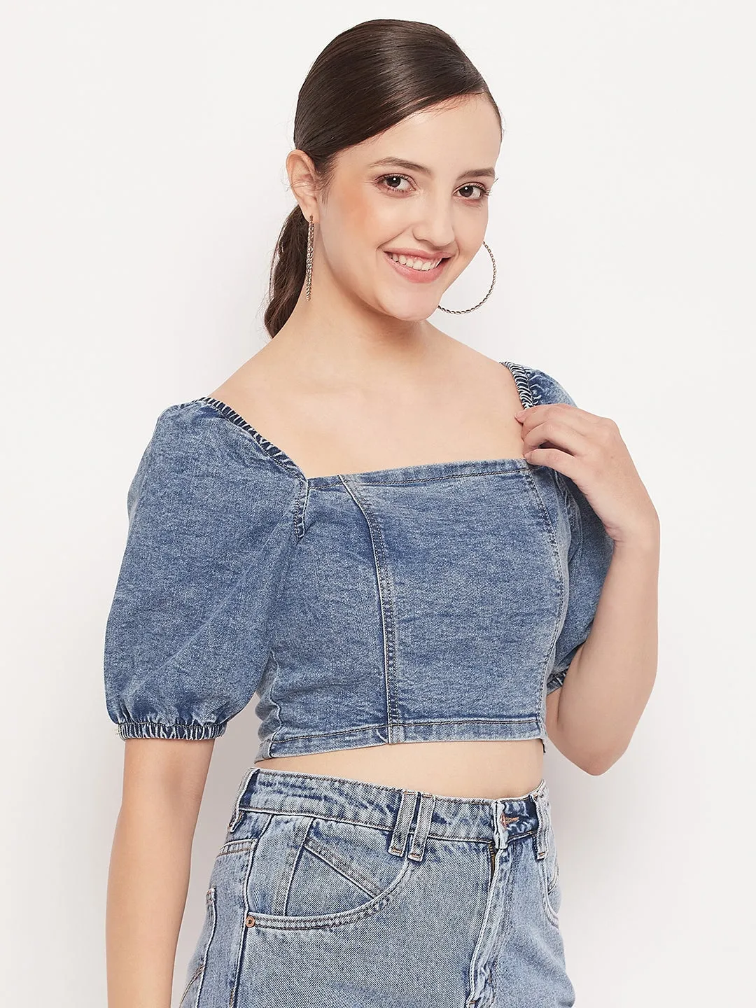 Madame Blue Denim Square  Neck Puffed Sleeves Crop Top