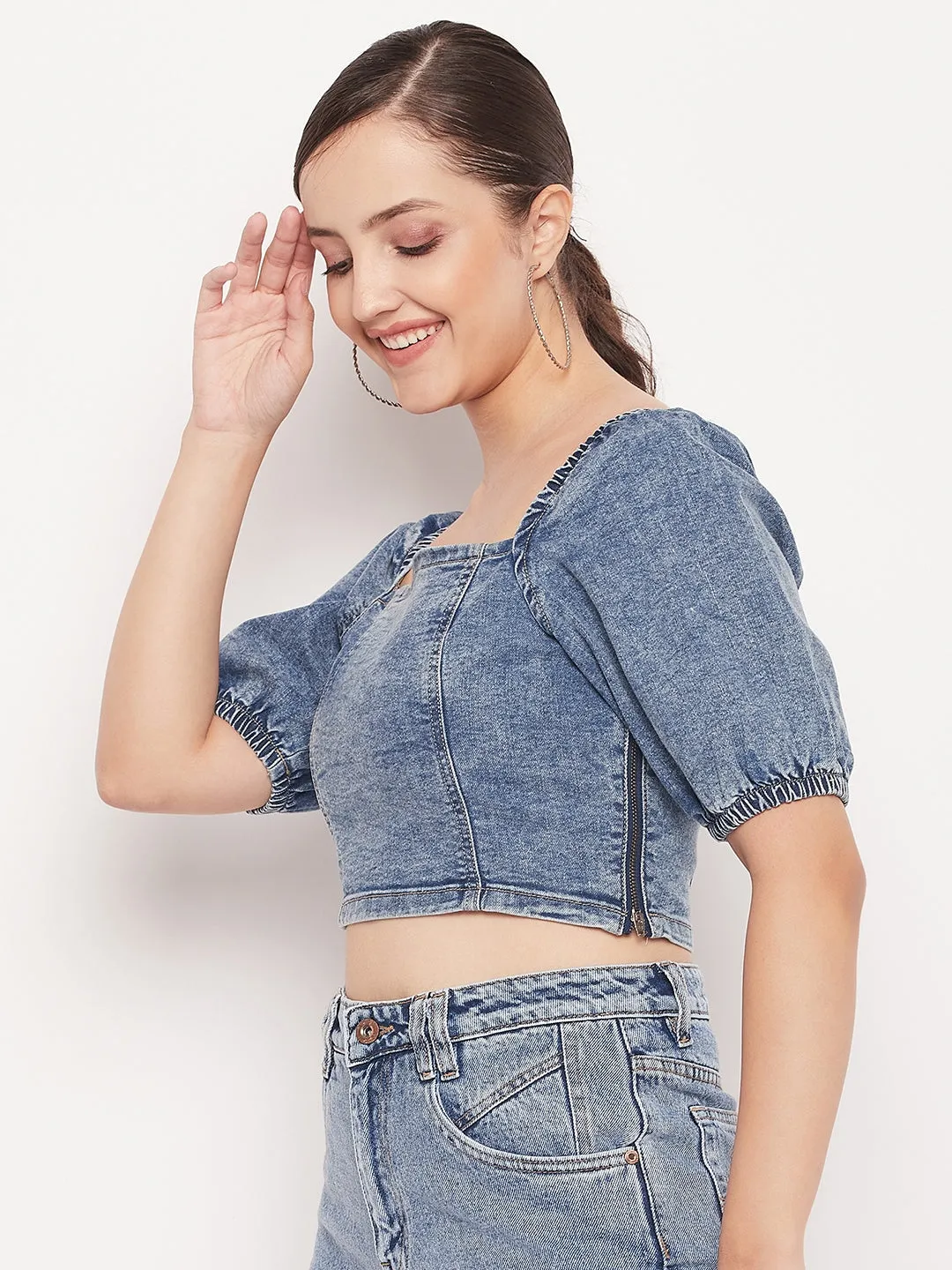 Madame Blue Denim Square  Neck Puffed Sleeves Crop Top