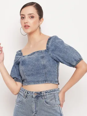 Madame Blue Denim Square  Neck Puffed Sleeves Crop Top