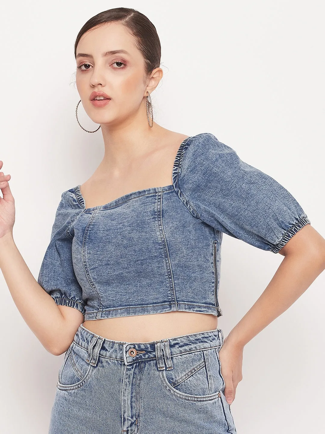 Madame Blue Denim Square  Neck Puffed Sleeves Crop Top