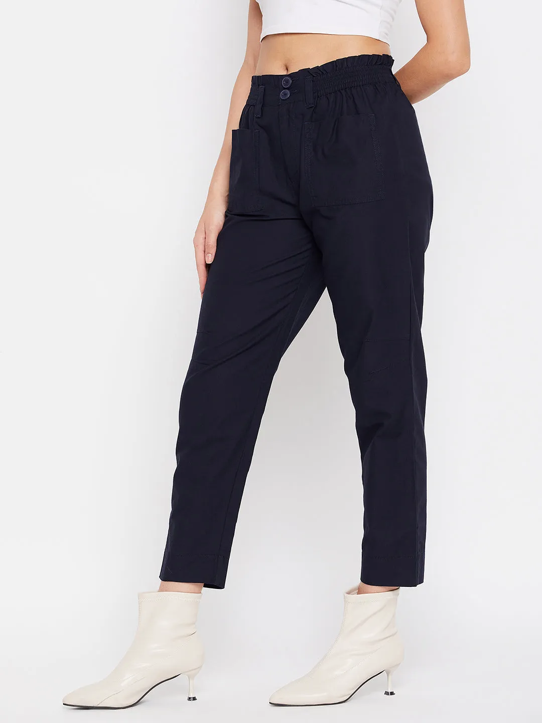 Madame Navy Cotton  Ankle Length Trousers