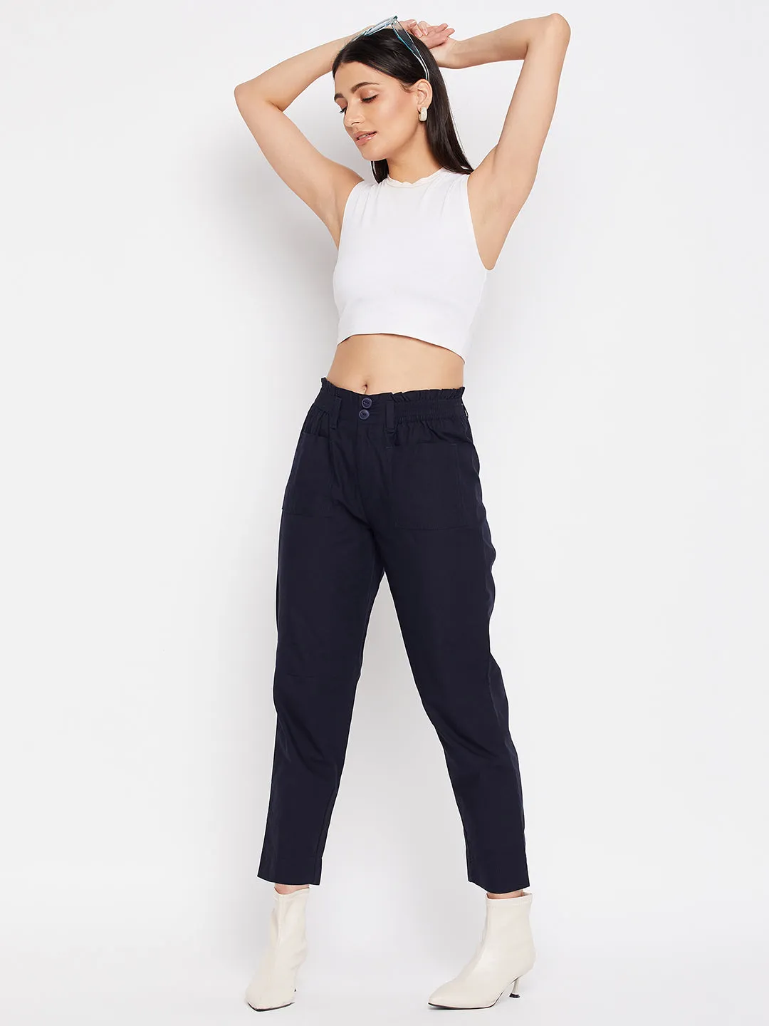 Madame Navy Cotton  Ankle Length Trousers