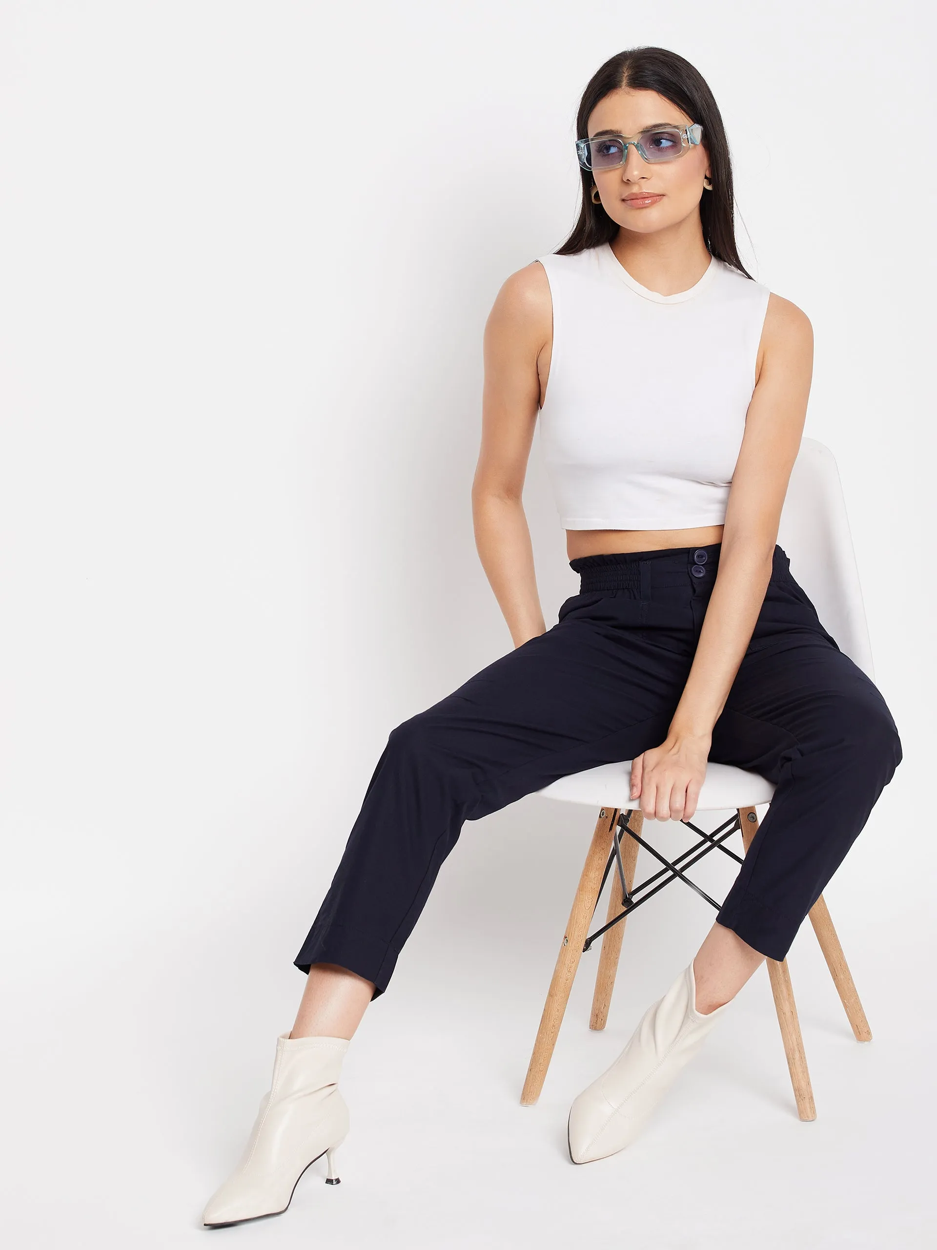 Madame Navy Cotton  Ankle Length Trousers