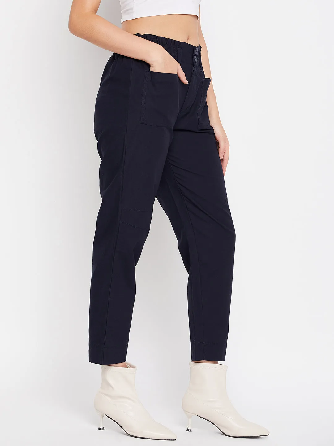 Madame Navy Cotton  Ankle Length Trousers