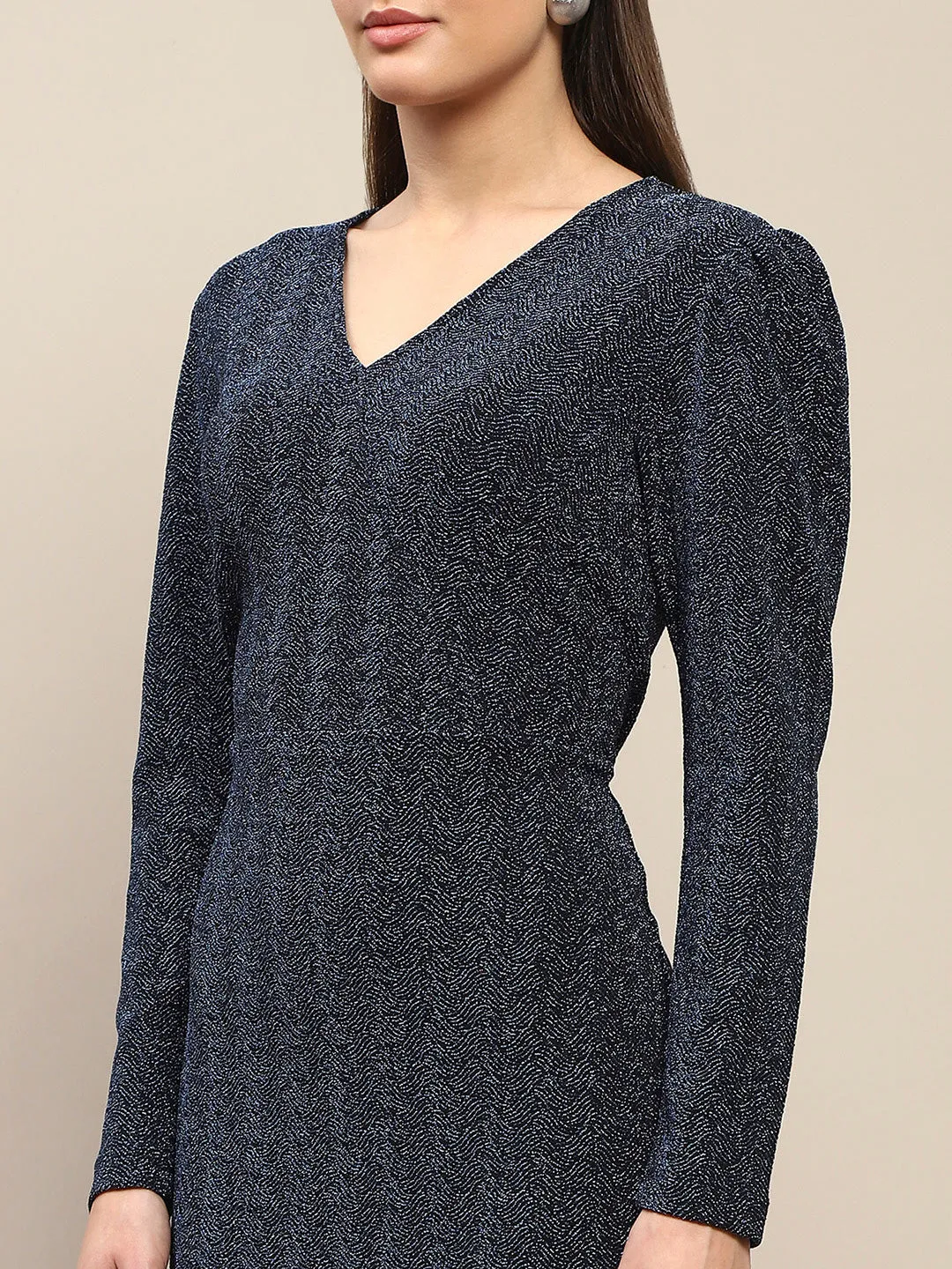 Madame Overlapping Detailed Navy Blue Knitted Midi Dress