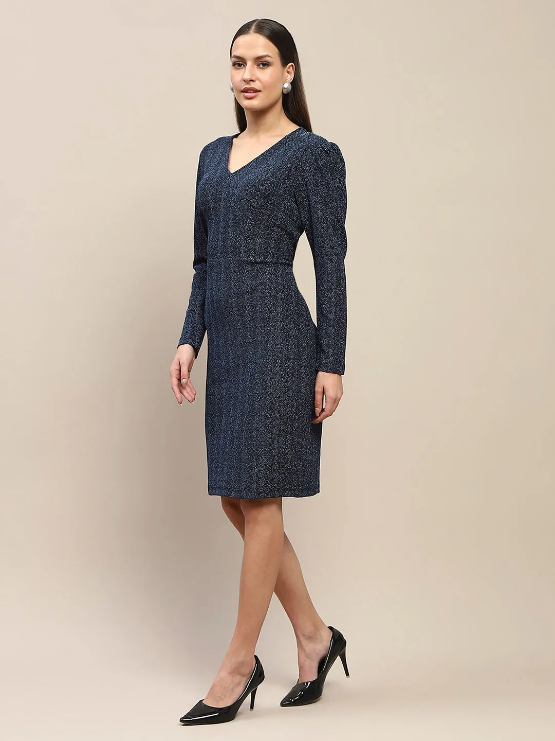 Madame Overlapping Detailed Navy Blue Knitted Midi Dress