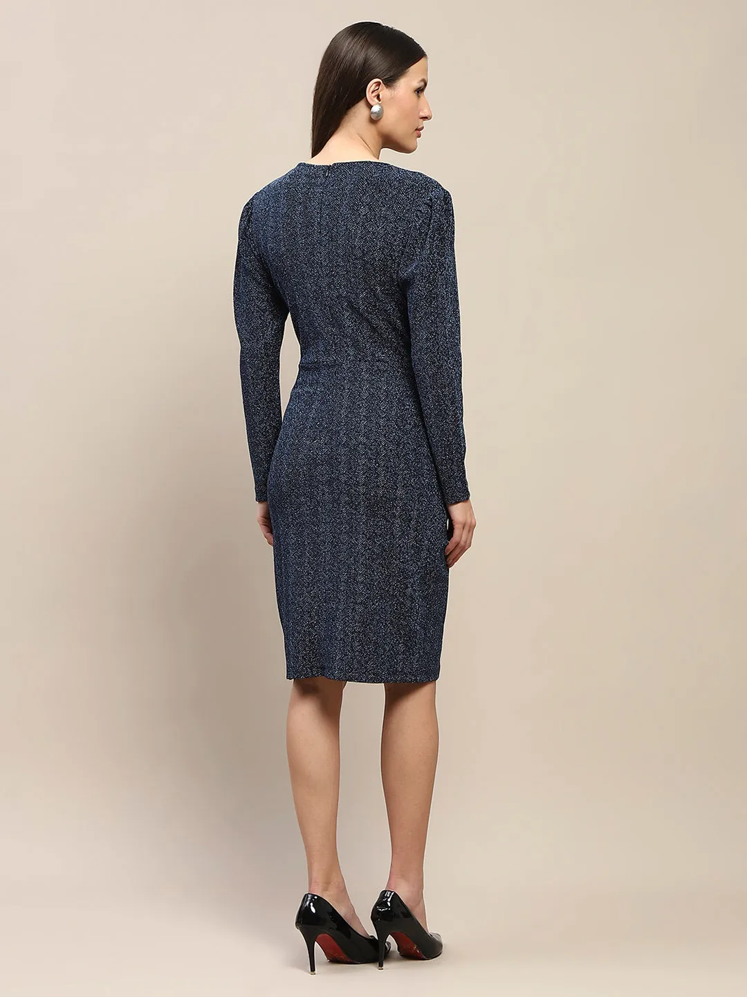 Madame Overlapping Detailed Navy Blue Knitted Midi Dress