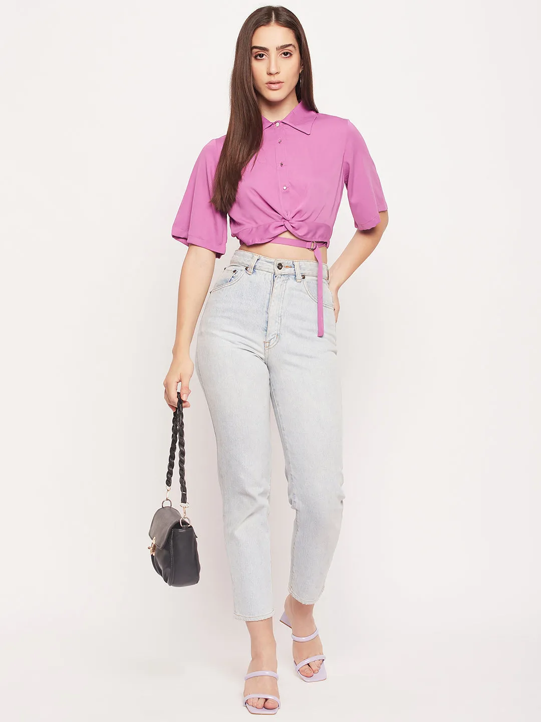 Madame Purple Shirt Collar Crop Top