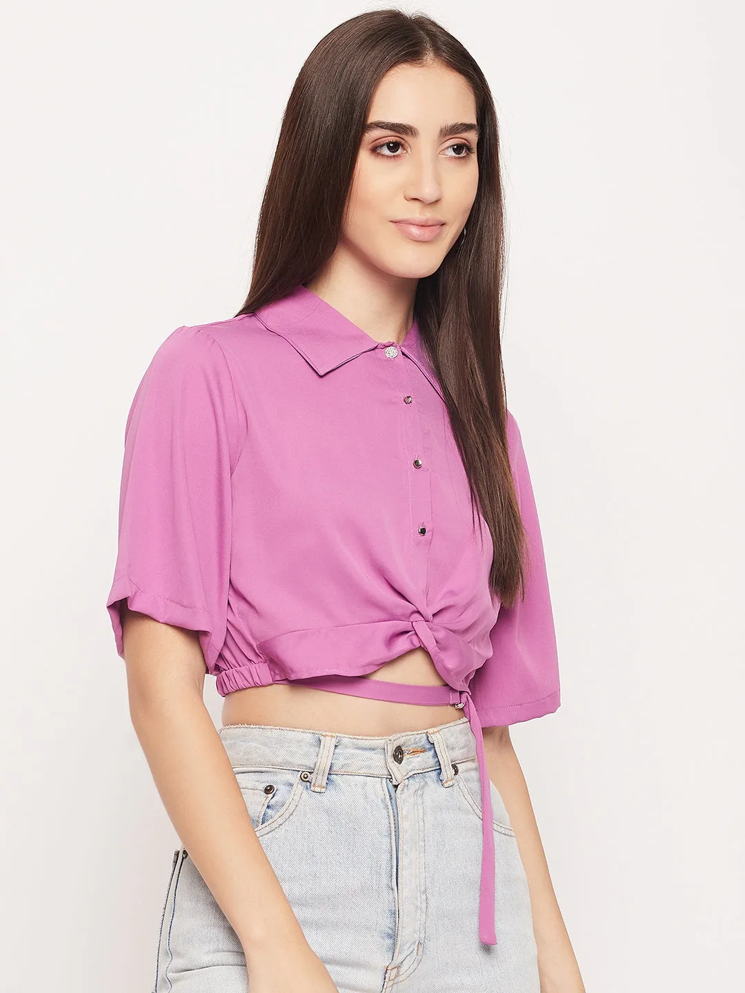 Madame Purple Shirt Collar Crop Top