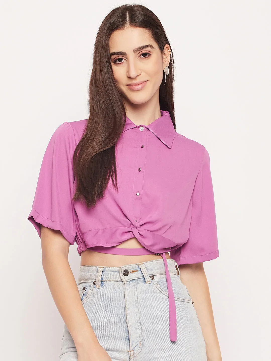Madame Purple Shirt Collar Crop Top