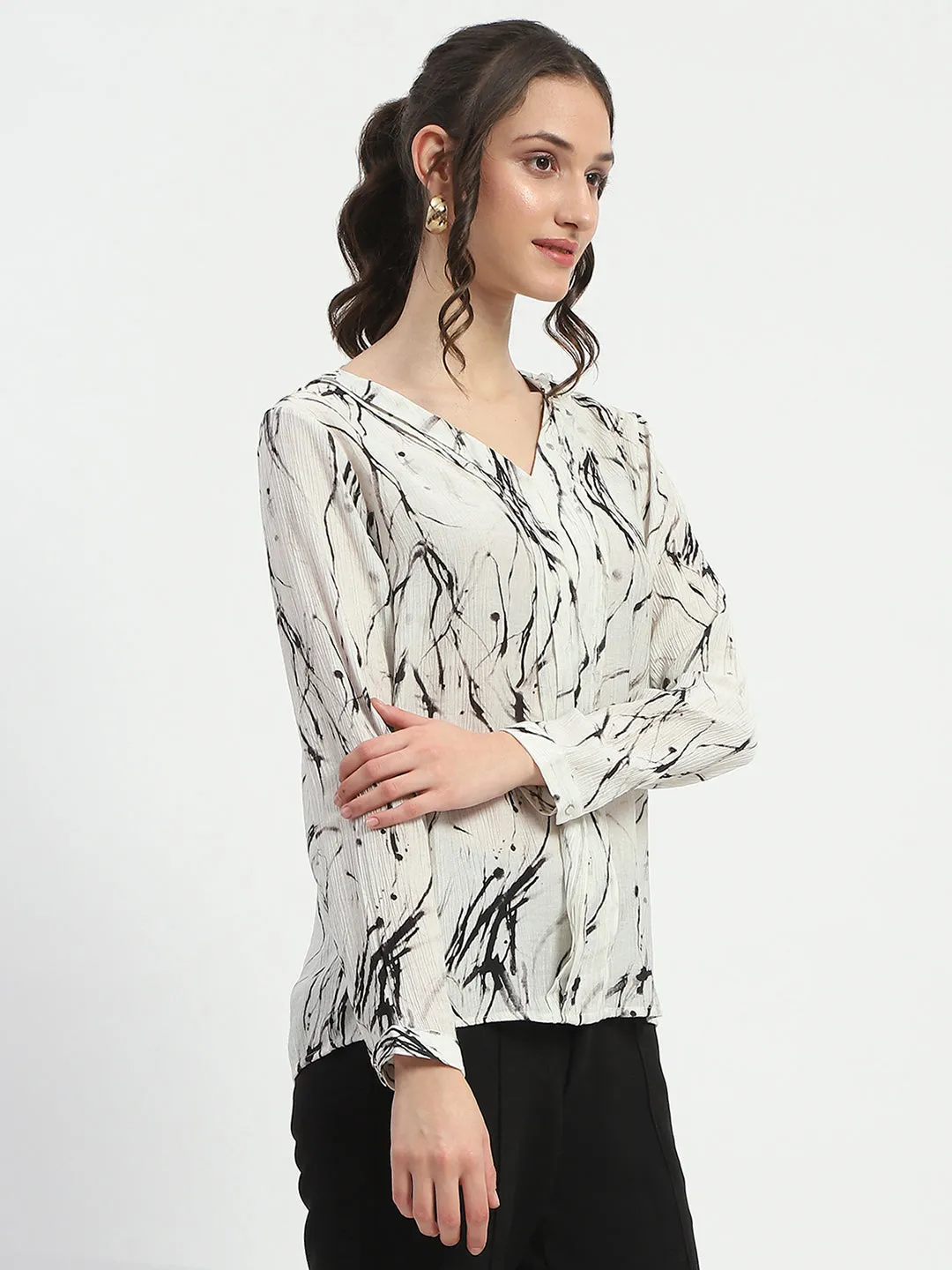 Madame Rayon Blend Abstract Print Off White Top