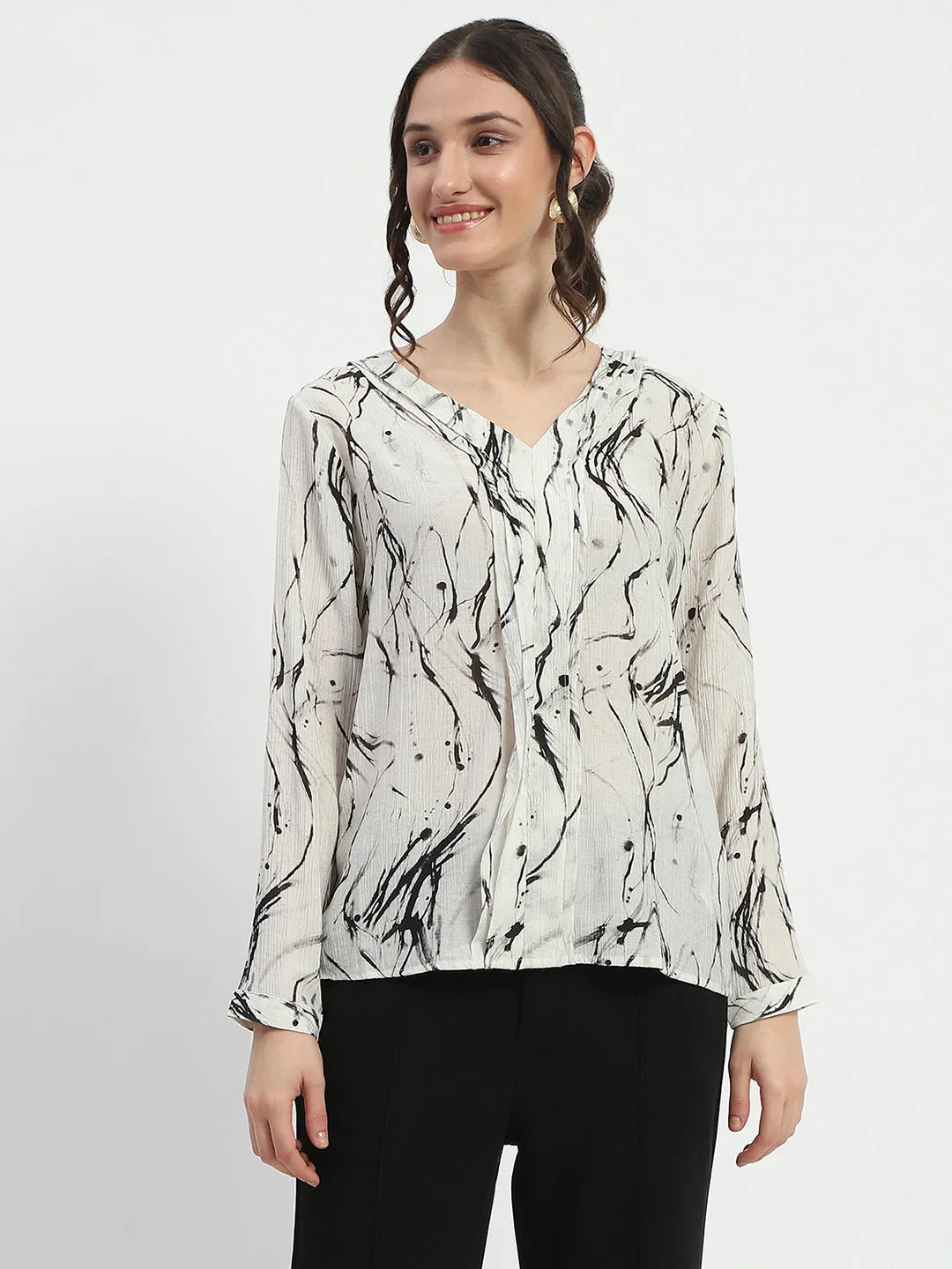 Madame Rayon Blend Abstract Print Off White Top