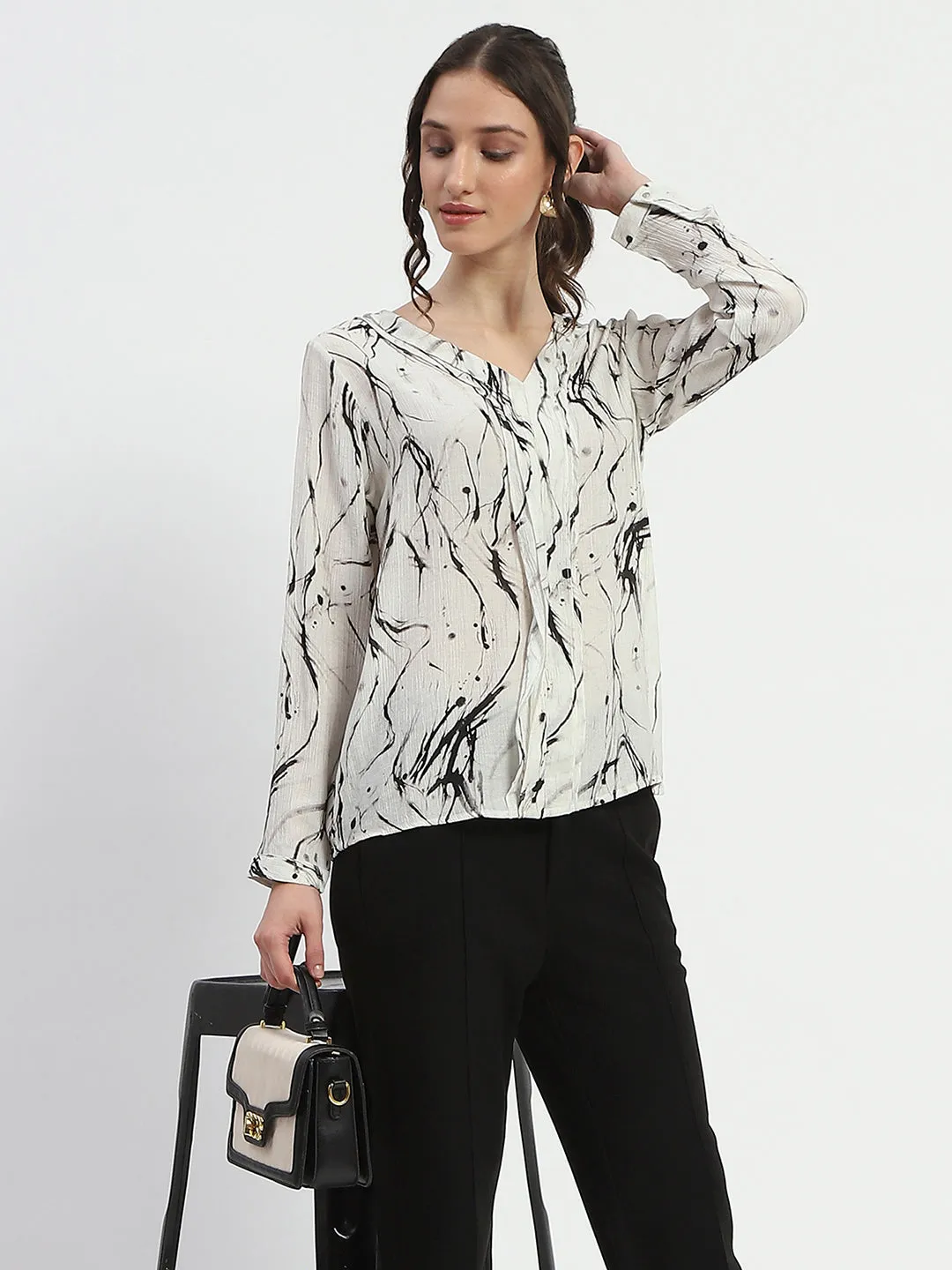 Madame Rayon Blend Abstract Print Off White Top