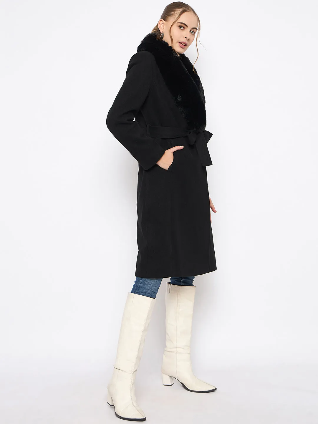 Madame Woolen Blend Fur Lapel Belted Black Long Coat